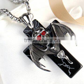 Men's Large Black Tone Stainless Steel Bat Skull Cross Pendant photo-3