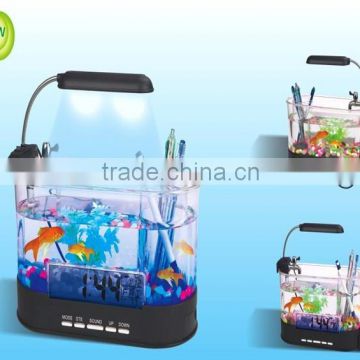 LED light USB Mini acrylic Fish Tank with LCD Calendar clock & penholder function and fish tank for sale