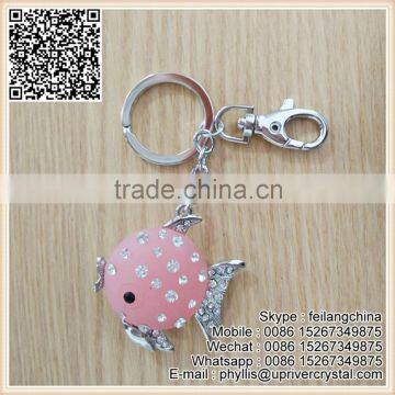 Cheap Price Crystal Jewely Pink Silver Metal Fish Key Ring