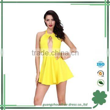 Hot sexy keyhole yellow A-line bandage dress one piece girls party dresses