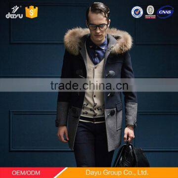 2016 New design wool cashmere men overcoat, fur hood wool mid-long coat