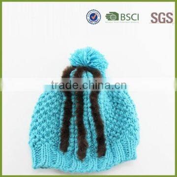 Blue Color Custom Knitted Pom Beanie Hat With Fur photo-5