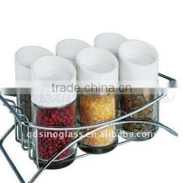 SINOGLASS 6 Pcs with Glossy Finish Plastic Lid Round Shape Mckromic Glass Spice Jar Rack Set