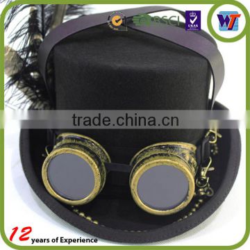 Black Top Hat With Metal Glasses And Plumage Decorative Luxury Hat