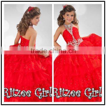 Red Crystal Beading Puffy Floor Length Custom Made Vestidos Flower Girl for Wedding TF001 full length flower girl dresses