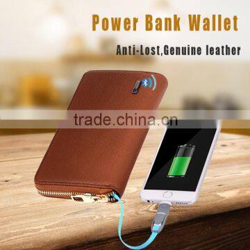 Security genuine leather money wallet anti-theft alarm with power bank and bluetooth