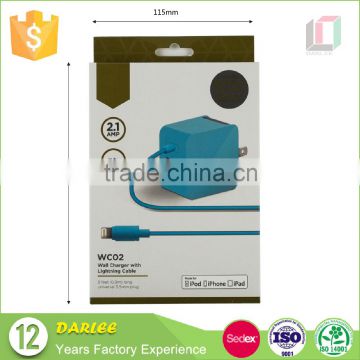 Spot uv embossed custom recyclable free sample cell phone charger package box with hang hole