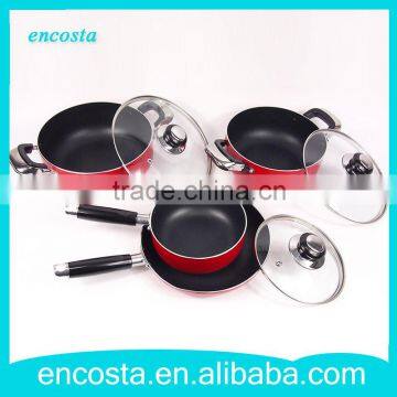 7Pcs Red Non-Stick Inner High Quality Aluminum Cookware Set With Glass Lids