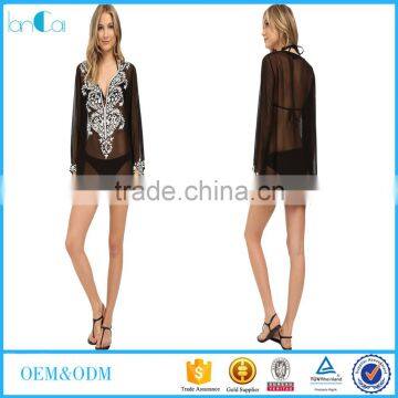 Embroidered summer beach wear sheer mini dress Sexy Ladies Wear Chiffon Dress Short