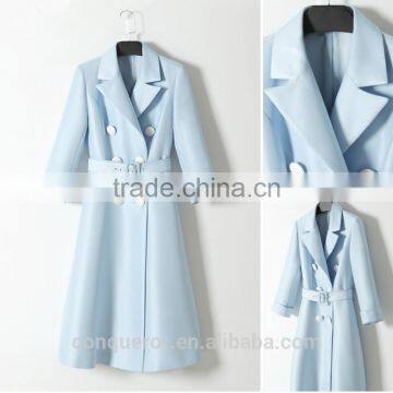 Classic Elegant Ladies Pinched Waist Solid Color Double Breasted Long Windbreaker Wind Coat photo-5