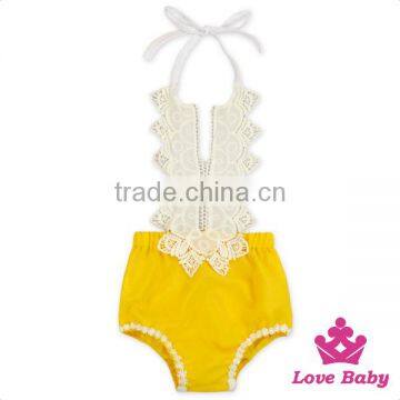 HYB130Yiw Lovebaby Wholesale Backless yellow high waist with white strim back stripe lace romper jumpsuit