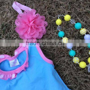 2015 New Baby Girl Blue & Yellow Easter Stripe Pant Set Outfits With Matching Necklace and Headband photo-3