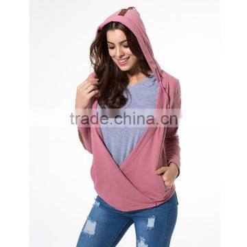 Stylish Street Wear Women Pink Plunge Wrap Front Long Sleeve Hoodie photo-2