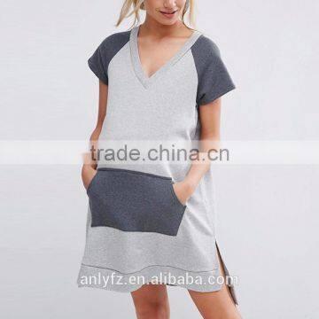 Anly V-neckline Raglan Color-block Sleeves Front Pouch Pocket Short Dress