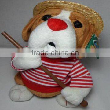 Electrical stuffed animated toy dog with funny mouth sings straw hat