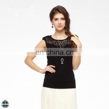 T-WT004 Black Round Neck Sleeveless Lace Splice Women T-shirt