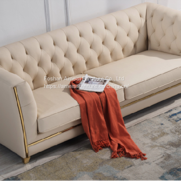 Luxury Leather Cushion Solid Wood Structure Pull Clasp Living Room Sofas photo-3