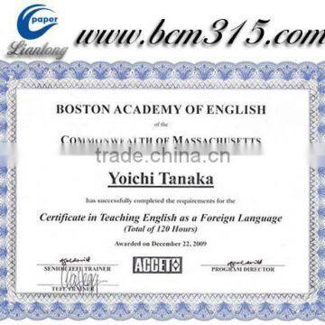 hot sale Watermark security paper for certificate and document with visible/invisible fibers lianlong brand