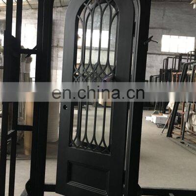 High End House Rod Arch Top Metal Jamb Gate Custom Grill Design Tempered Glass Swing Outward Open Wrought Iron Front Single Door