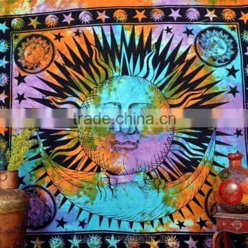 Indian Tapestry Cotton Tie Dye Print Sun and Moon Vintage Wall Hanging Tapestries Throw Good Morning Print Bedsheet