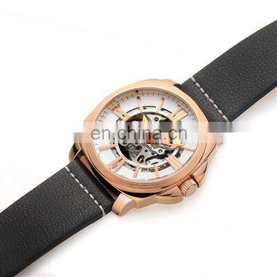 Luxury Rose gold Men Skeleton Watches Mechanical Brown Genuine Leather Custom Logo Automatic Watch