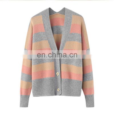 Custom Color Stripe 100% Cashmere Women's Knitted Cardigan Whole Knitted Sweater