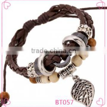 2016 fashion personalized leaf pendant leather bracelets, vintage handmade charm bracelets