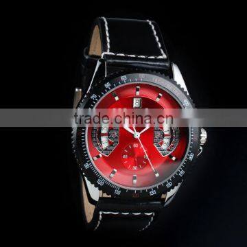 New Mens Red Dial Leather Strap Classic Design Self-Wind Up Mechanical Automatic Watch WM122