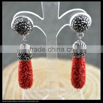 LFD-033E Wholesale Druzy Red Shell Carved Engraved Pave Rhinestone Crystal Drop Earrings Jewelry Finding