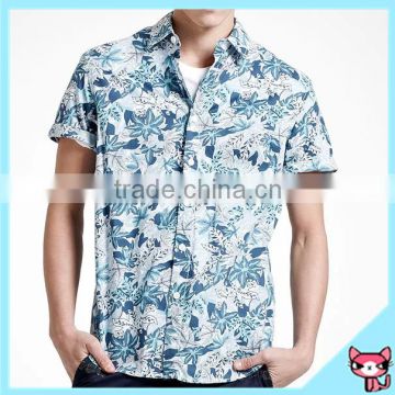 Factory Produced Blue Leafs Printed Custom Hawaiian Shirts