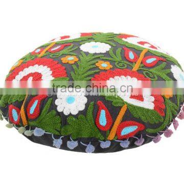 Indian Suzani Embroidered Floor Cushion Cover Cotton Pillows With Pom Pom Lace Ottoman Poufs 16" Throw