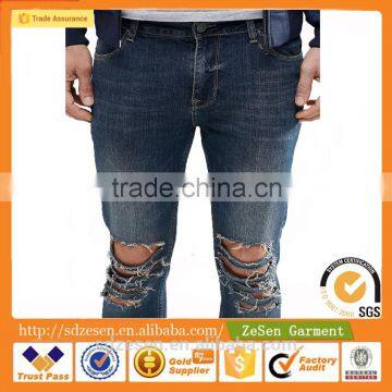 Men Custom Apparel Skinny Cropped Jeans Ripped Denim Pants With Extreme Rips In Blue Wash photo-4