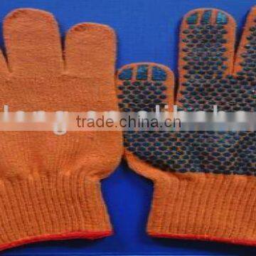 Cotton/Polyester knitted gloves with PVC dots on one side,Orange color,10gauge