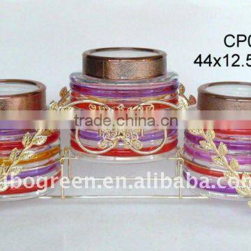 3pcs oval glass jar with hand-painted design with golden rack(CP098)