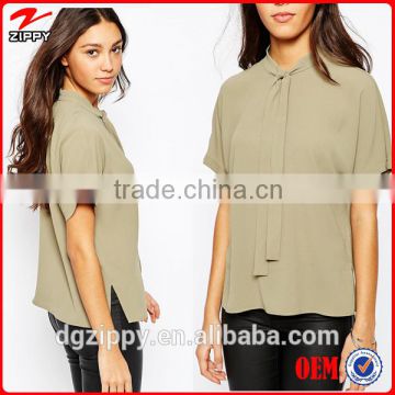 Short Sleeve Pussy Bow new model lady fashion blouse designs