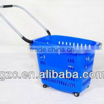 Supermarket Folding Plastic Shopping Basket with 4 Wheels