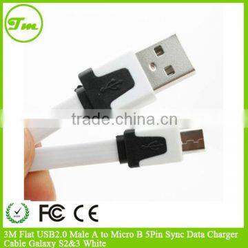 3M Flat USB2.0 Male A to Micro B 5Pin Sync Data Charger Cable Galaxy S2&3 White
