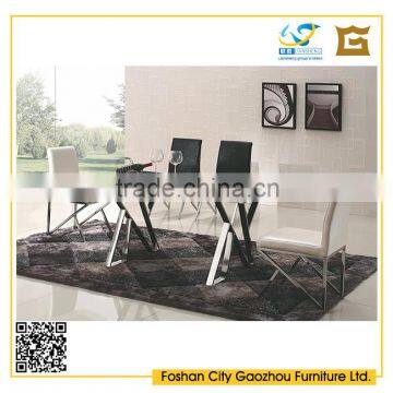 Fancy metal frame design glass top dining table chair sets with leather chair