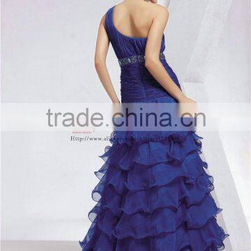 Elegant Blue One-shoulder Ruffle Layering Formal Chiffon Quinceanera Dress Pattern photo-3