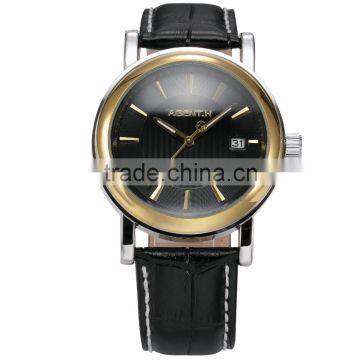Golden Steel Case Black Dial Reloje Date Display Quartz Analog Leather Band Men Watch