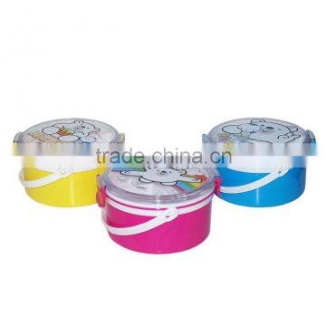 Clear round plastic food container with compartments and fork and spoon inside