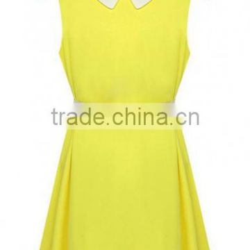 Yellow Plain Belt Turndown Collar Sleeveless Dress casual dresses for women