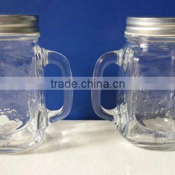 glass mason jar with handle and decal