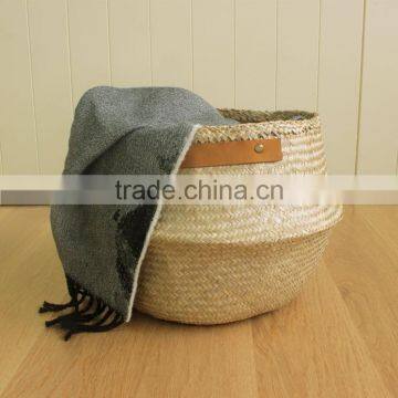 Seagrass Storage Baskets With Leather Hanldes, Belly Decorative Seagrass Baskets photo-4