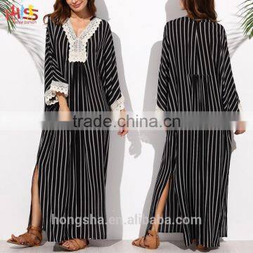 New Model Black and White Stripe Appliques V Neck Abaya In Dubai