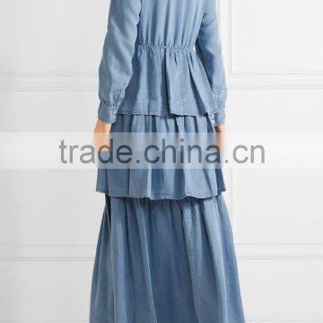 Latest Ruffled Tiered Tencel-chambray Long Sleeve Maxi Dress Names Of Ladies Drsses Designs Photos 2016 HSD5675 photo-4