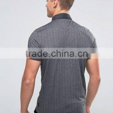 Herringbone Design Short Sleeve Chest Pocket Button Placket Dark Grey Men's 54% Cotton 46% Polyester 200g Casual Polo Shirt photo-2