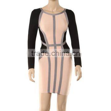 2014 New Arrival Black And Pink Long Sleeve Vertical Stripe Bodycon HL Bandage Dress Sling Party Tight Dress photo-2