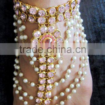 Gold Pink crystal pearl Anklets toe ring barefoot sandal PAYAL PAIR