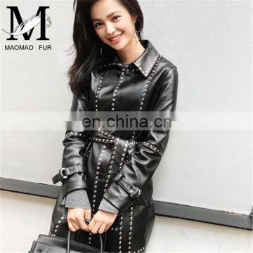 Fashion Classical Lady Windbreaker 100% Leather Jacket Semiformal Wear Ladies Long Leather Jacket photo-5